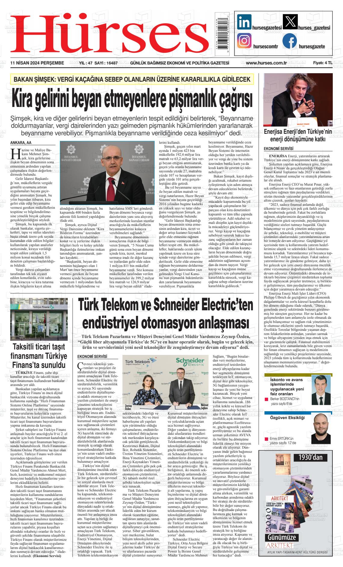 11 Nisan 2024 İstanbul Hürses gazetesi Gazete Manşeti