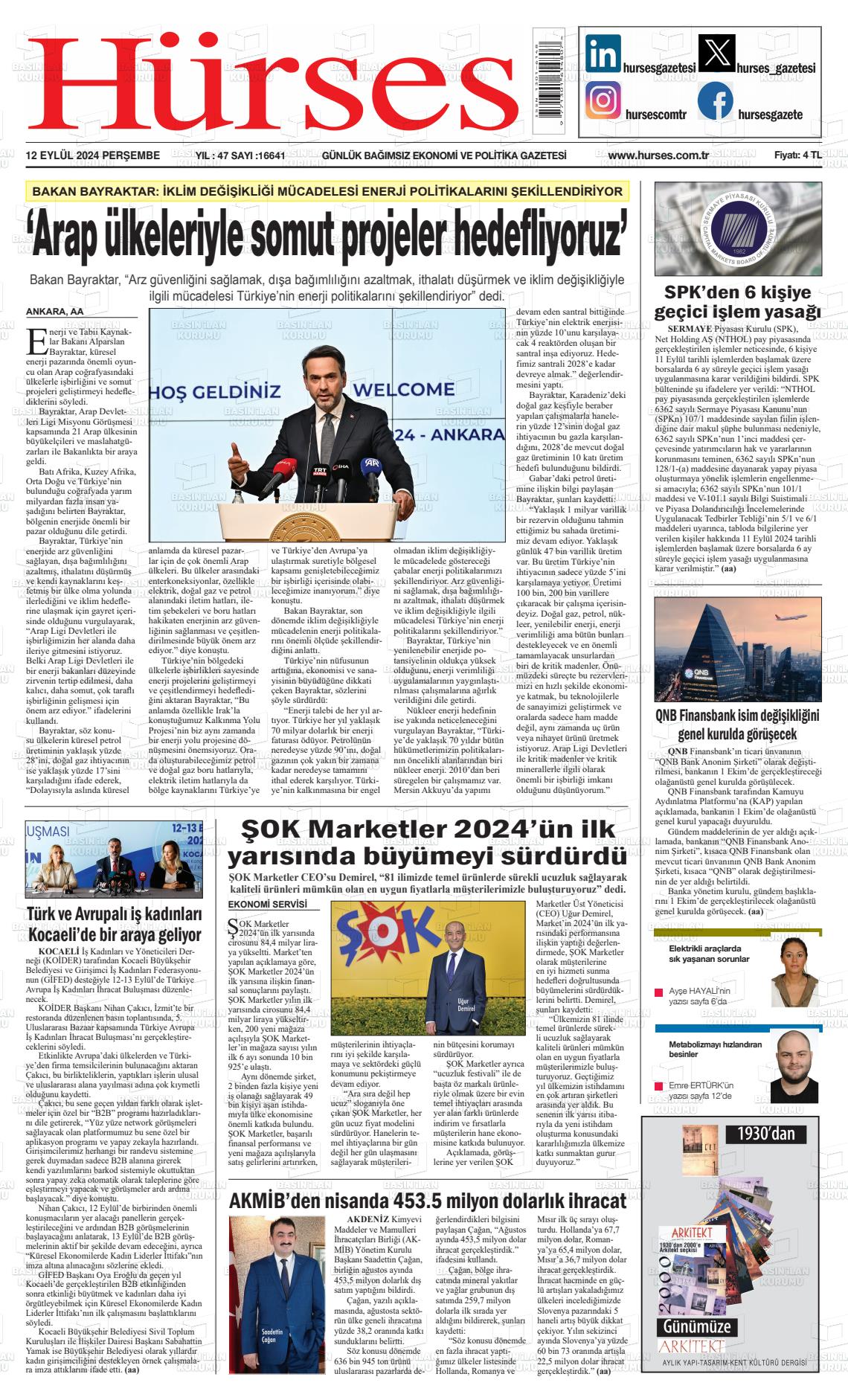 12 Eylül 2024 İstanbul Hürses gazetesi Gazete Manşeti