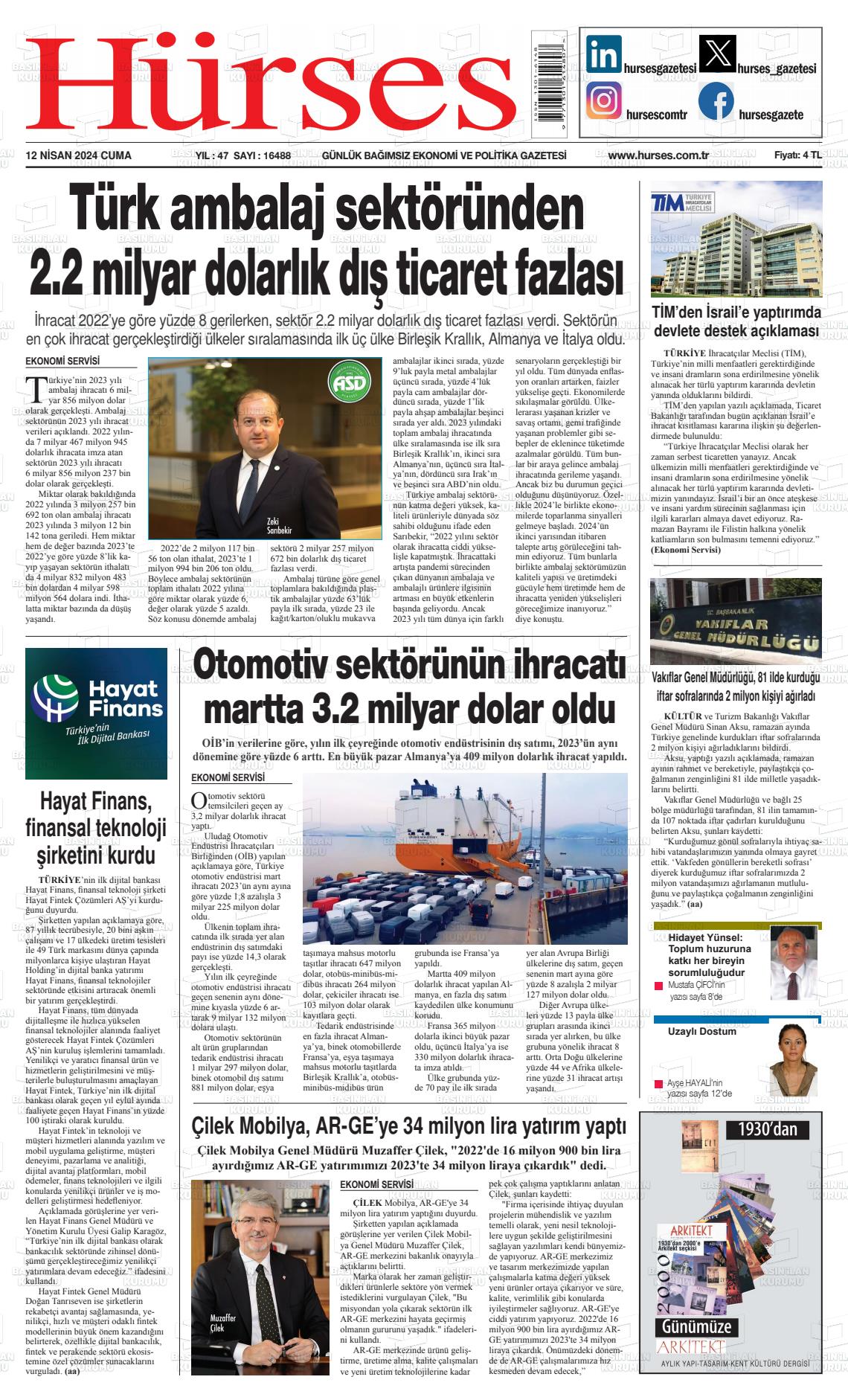 12 Nisan 2024 İstanbul Hürses gazetesi Gazete Manşeti