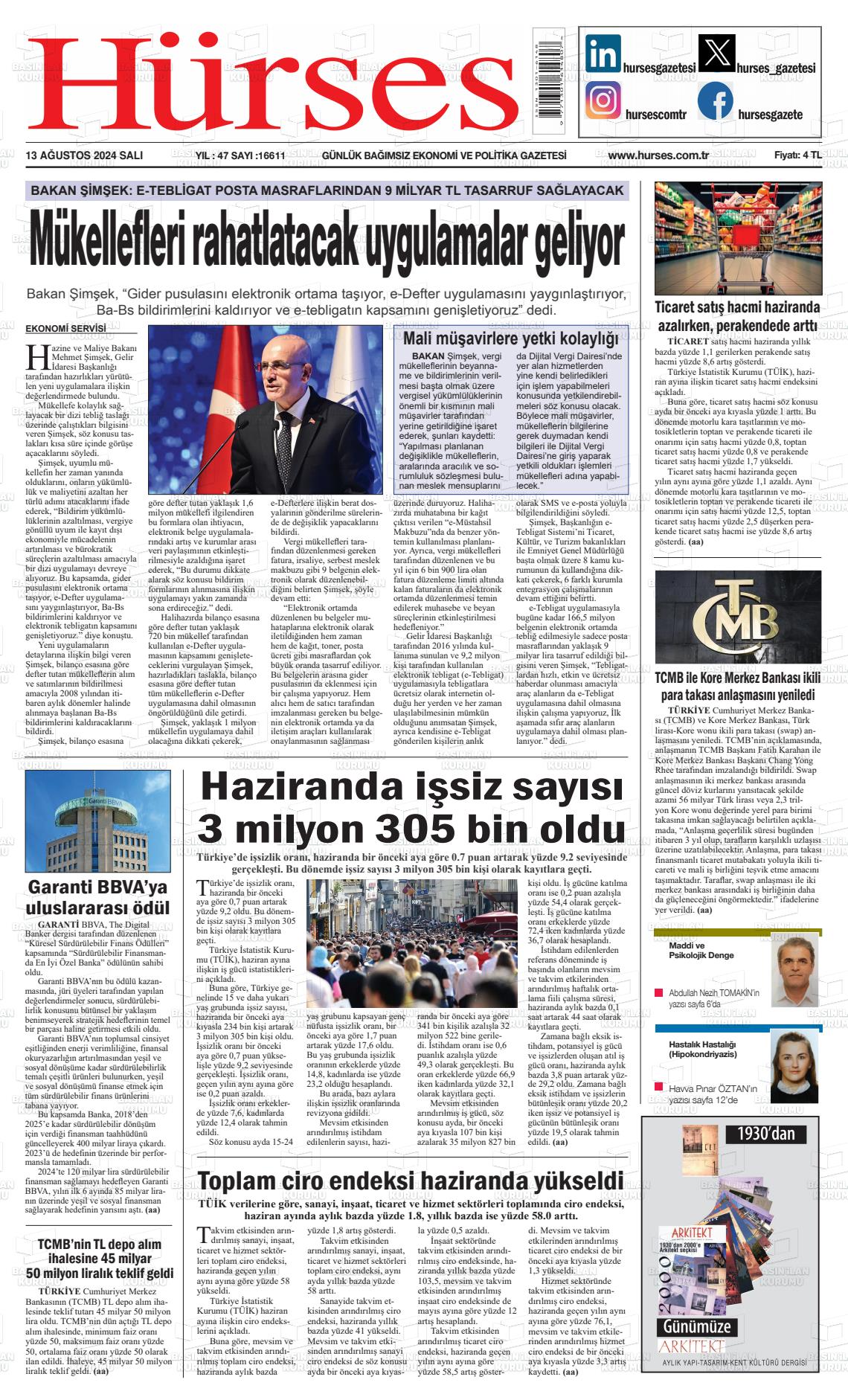 13 Ağustos 2024 İstanbul Hürses gazetesi Gazete Manşeti