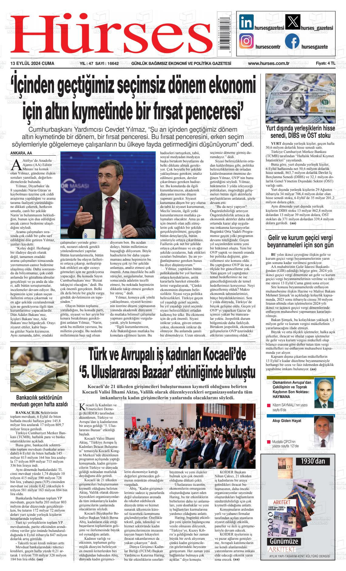 13 Eylül 2024 İstanbul Hürses gazetesi Gazete Manşeti