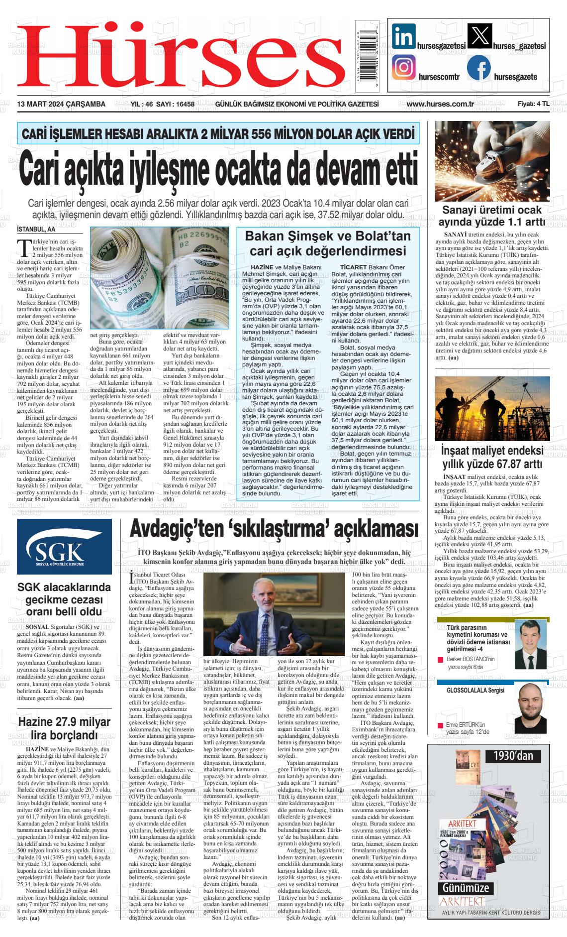 13 Mart 2024 İstanbul Hürses gazetesi Gazete Manşeti