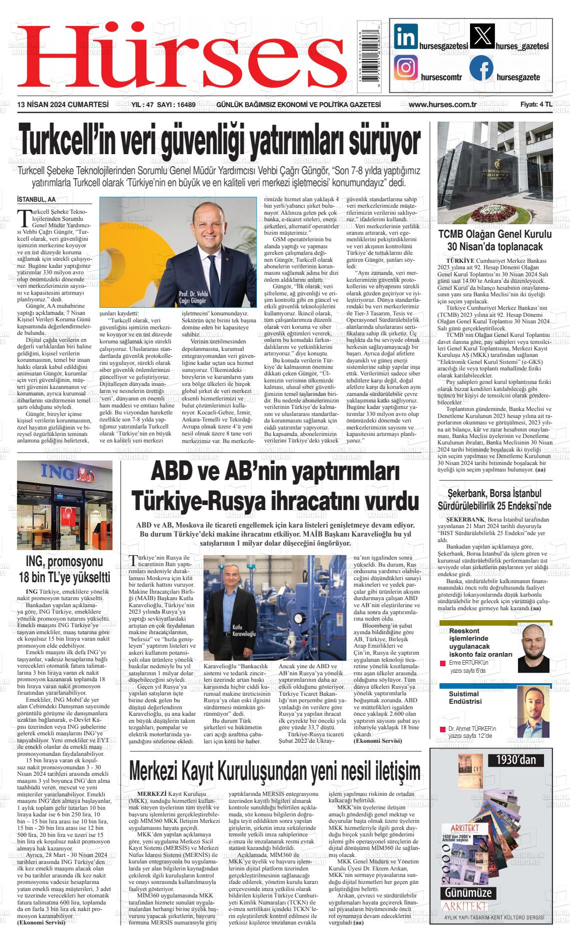 13 Nisan 2024 İstanbul Hürses gazetesi Gazete Manşeti