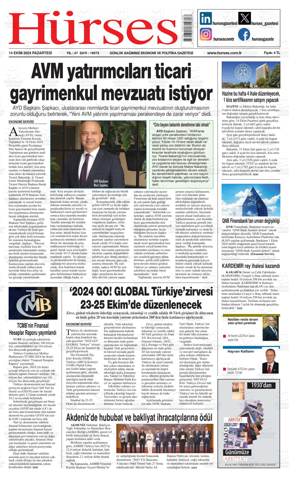 14 Ekim 2024 İstanbul Hürses gazetesi Gazete Manşeti