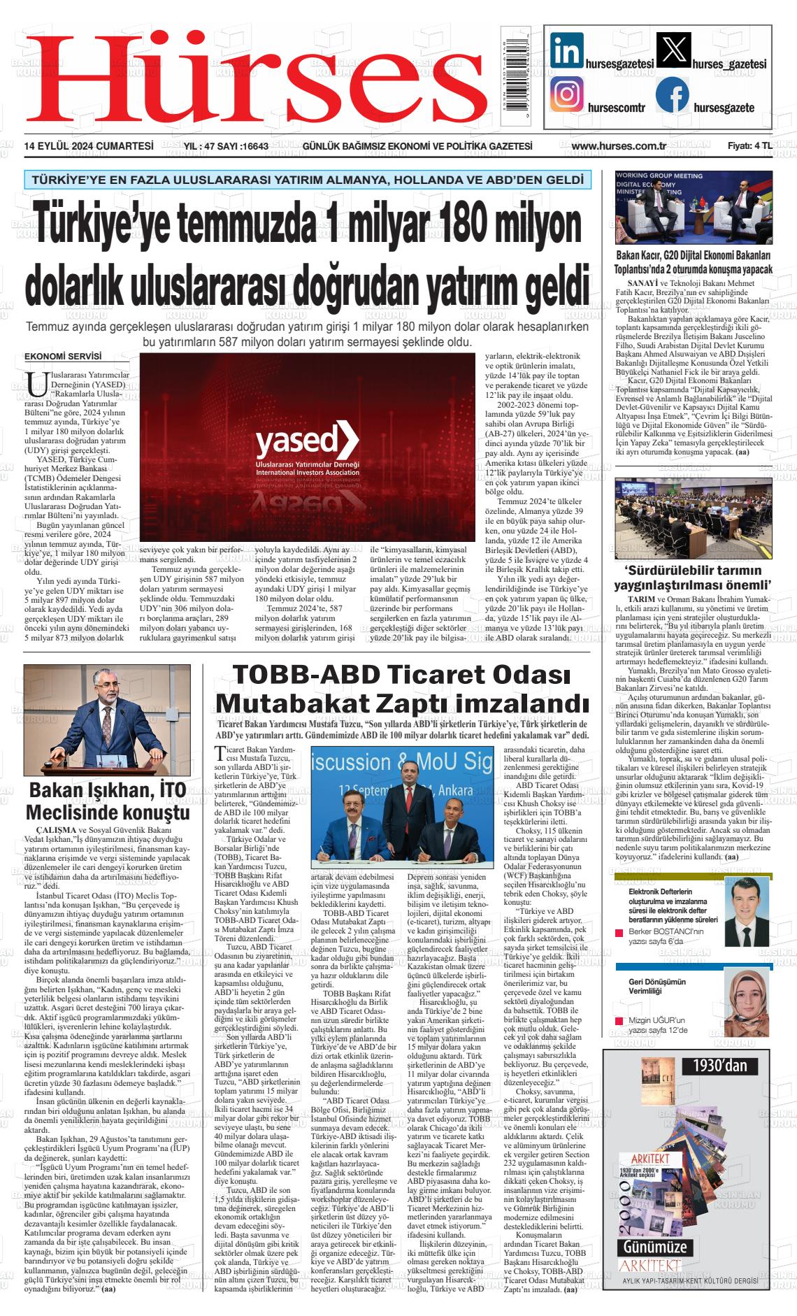 14 Eylül 2024 İstanbul Hürses gazetesi Gazete Manşeti