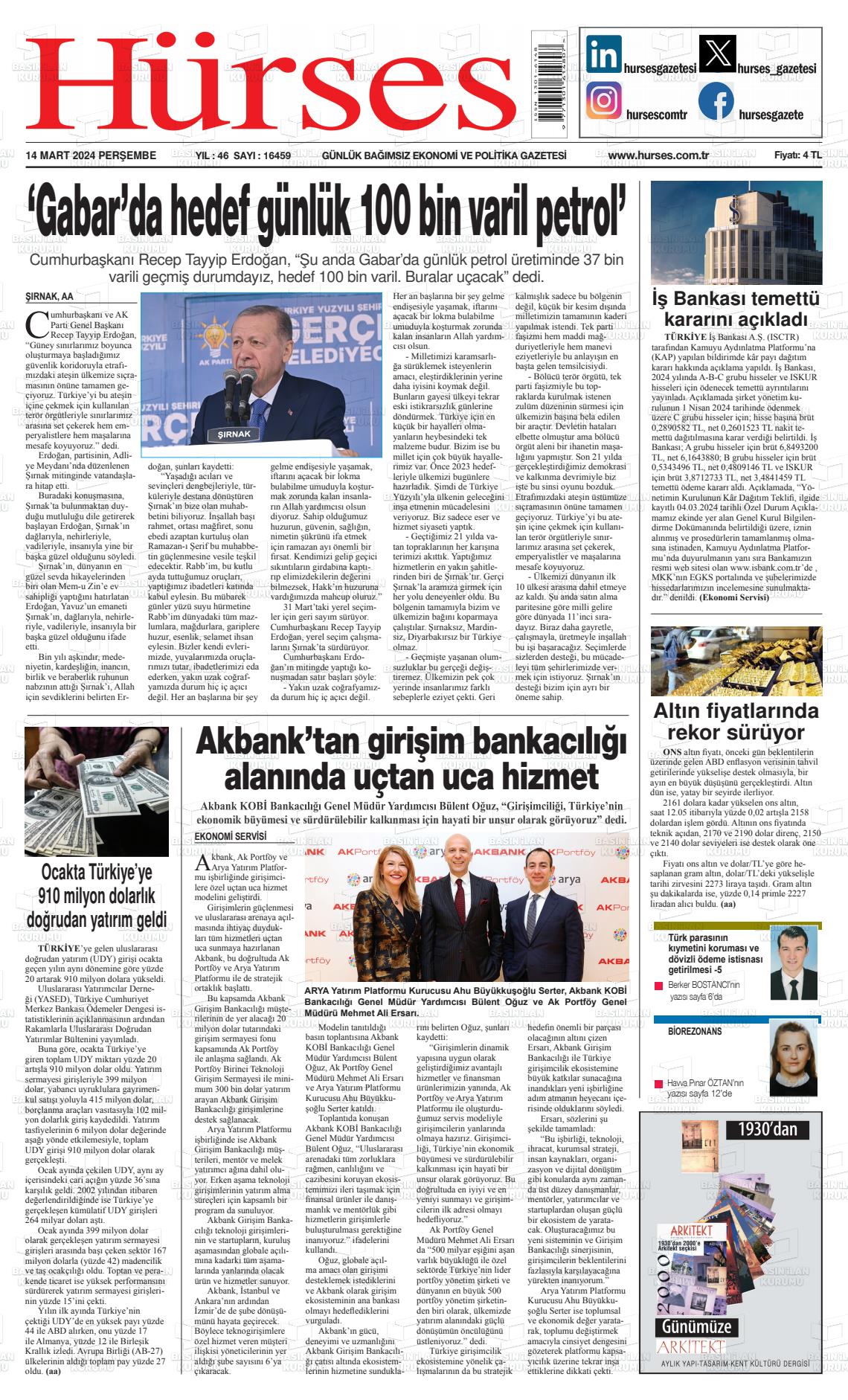 14 Mart 2024 İstanbul Hürses gazetesi Gazete Manşeti