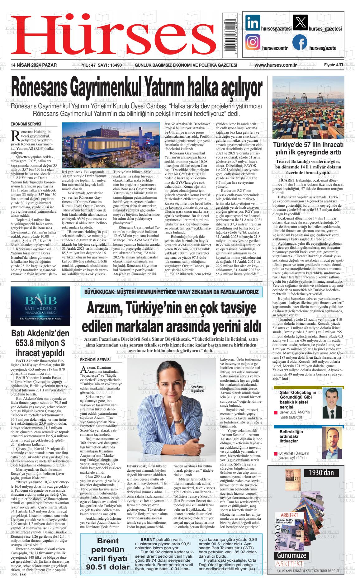 14 Nisan 2024 İstanbul Hürses gazetesi Gazete Manşeti