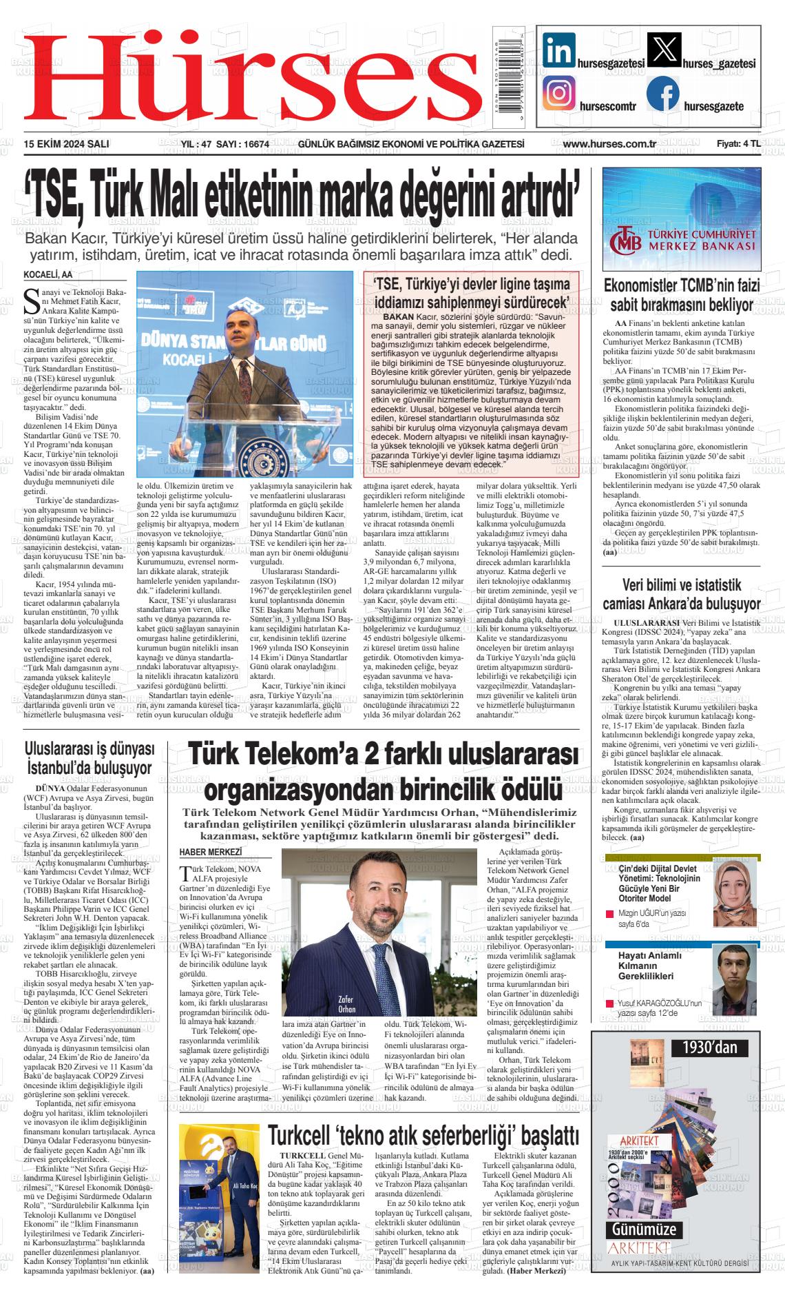 15 Ekim 2024 İstanbul Hürses gazetesi Gazete Manşeti