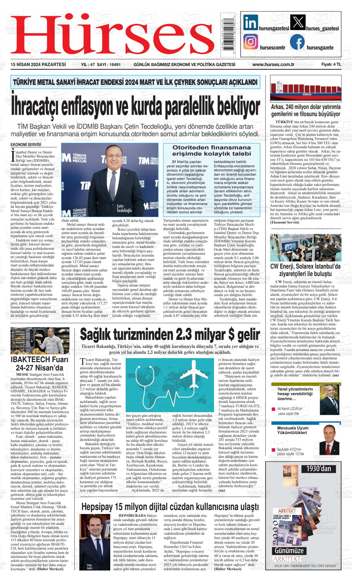 15 Nisan 2024 İstanbul Hürses gazetesi Gazete Manşeti