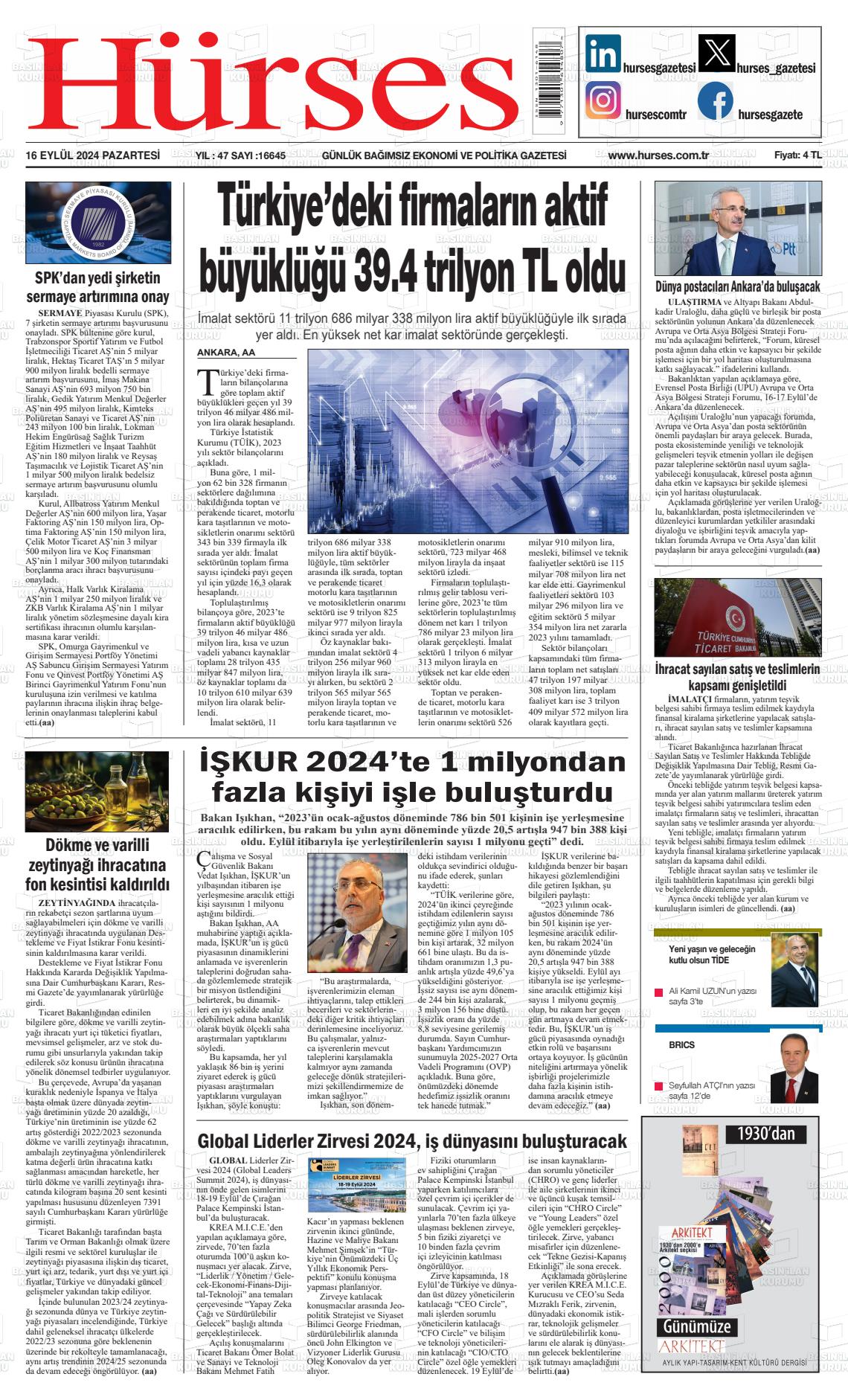 16 Eylül 2024 İstanbul Hürses gazetesi Gazete Manşeti