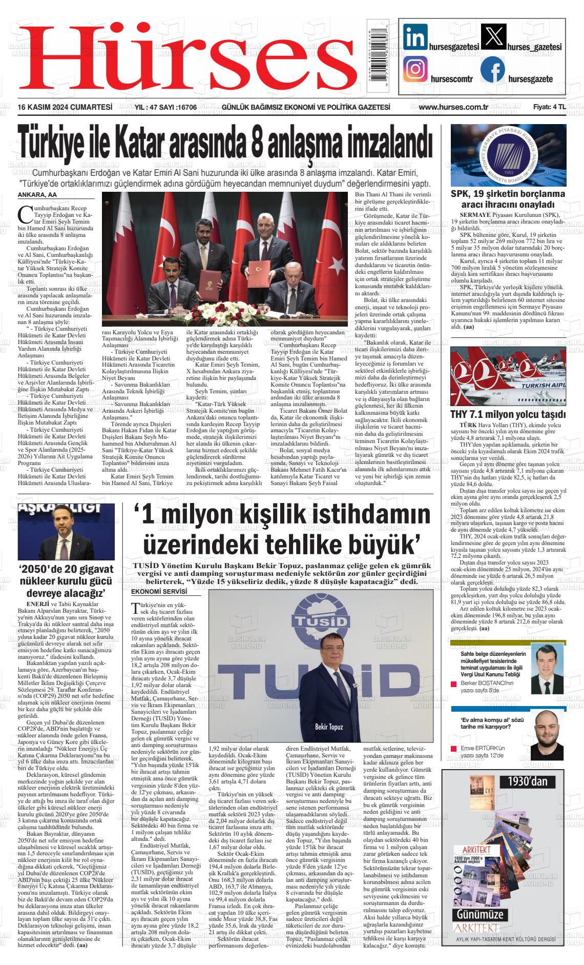 16 Kasım 2024 İstanbul Hürses gazetesi Gazete Manşeti