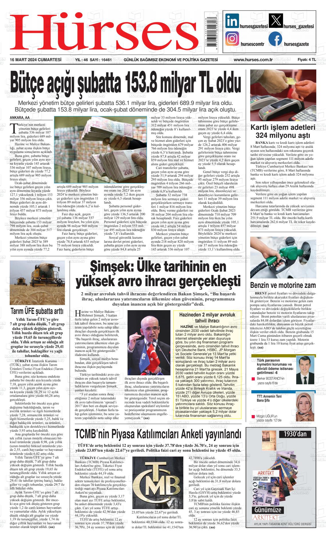 16 Mart 2024 İstanbul Hürses gazetesi Gazete Manşeti