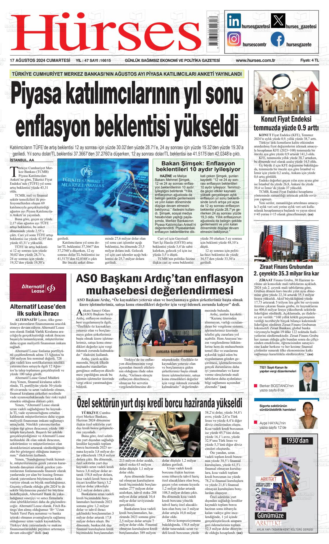 17 Ağustos 2024 İstanbul Hürses gazetesi Gazete Manşeti