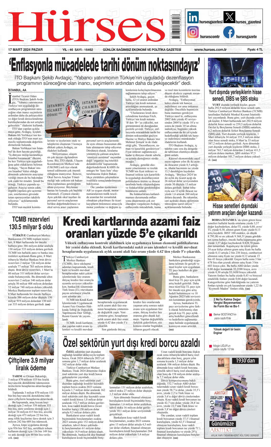 17 Mart 2024 İstanbul Hürses gazetesi Gazete Manşeti