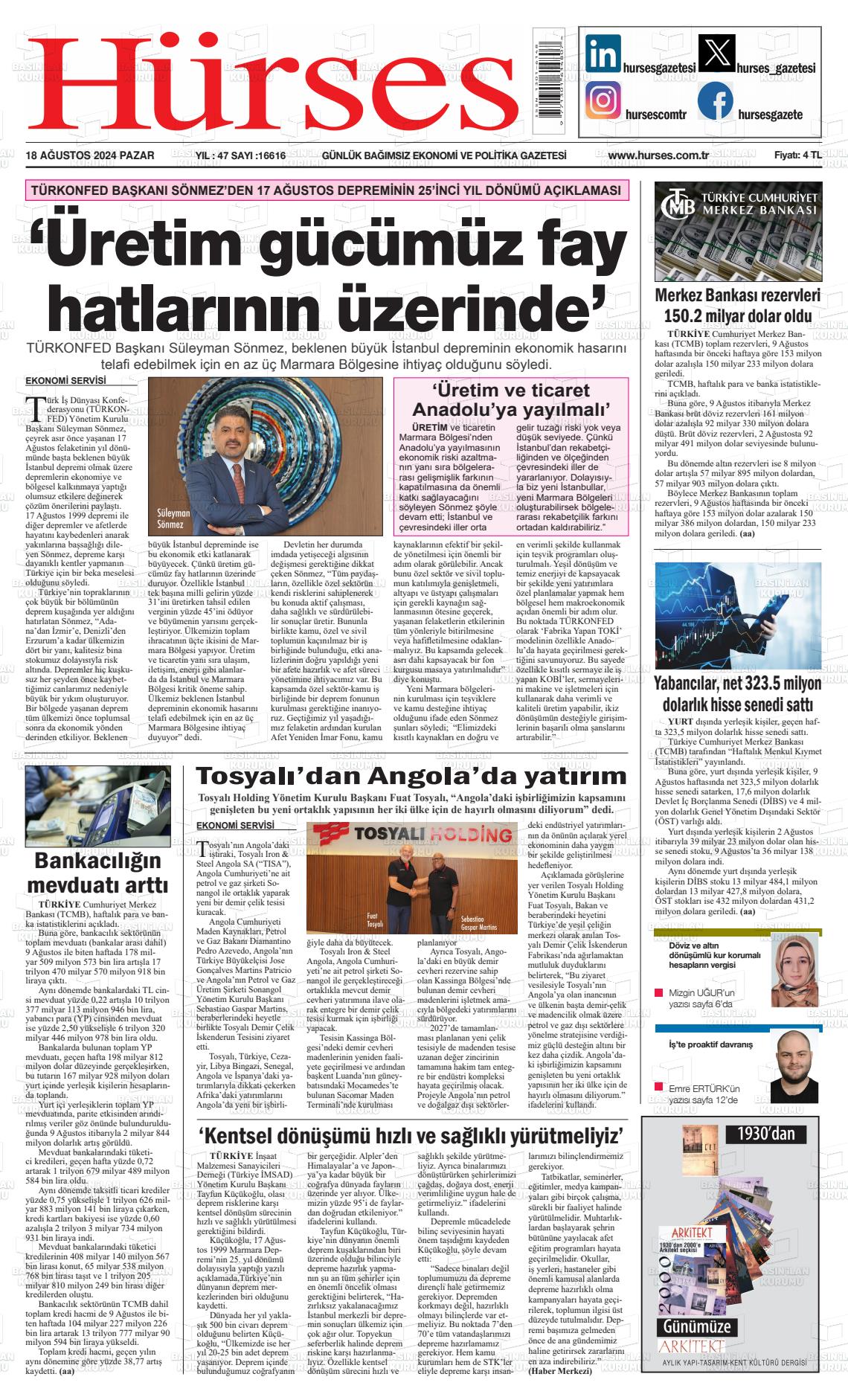 18 Ağustos 2024 İstanbul Hürses gazetesi Gazete Manşeti