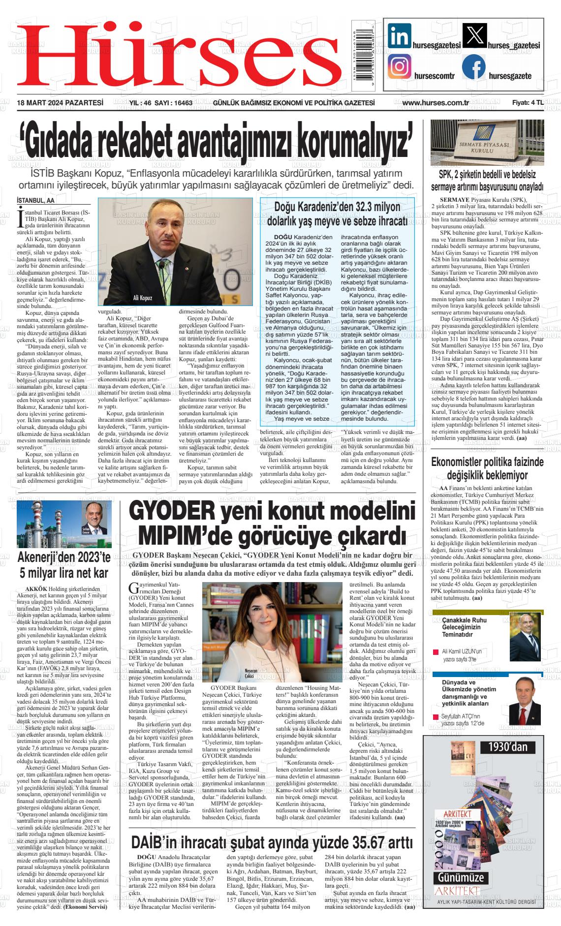 18 Mart 2024 İstanbul Hürses gazetesi Gazete Manşeti