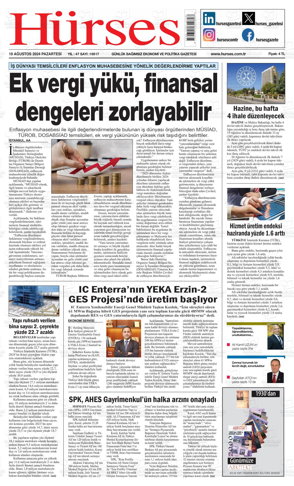 19 Ağustos 2024 İstanbul Hürses gazetesi Gazete Manşeti