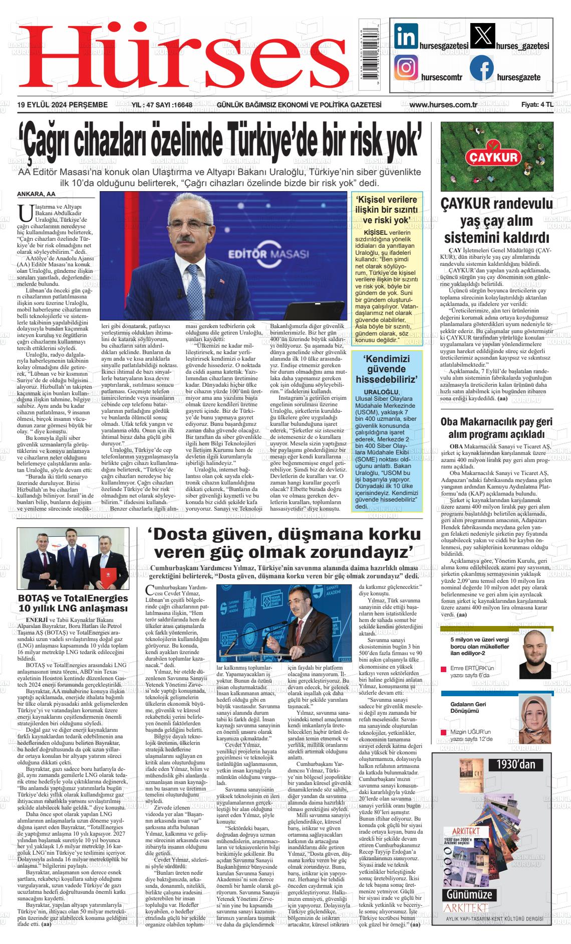 19 Eylül 2024 İstanbul Hürses gazetesi Gazete Manşeti