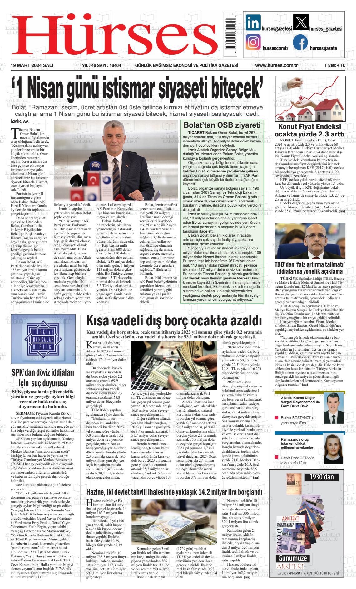 19 Mart 2024 İstanbul Hürses gazetesi Gazete Manşeti