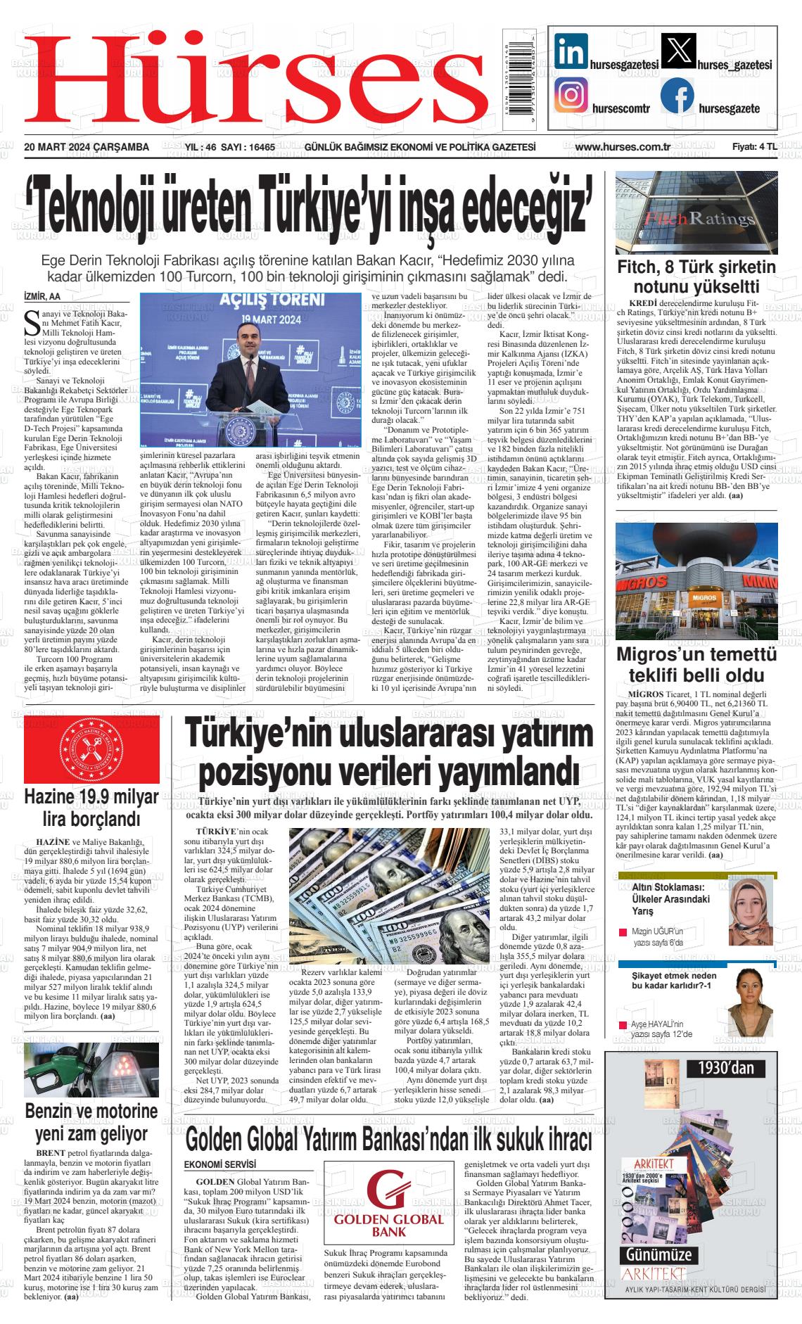 20 Mart 2024 İstanbul Hürses gazetesi Gazete Manşeti