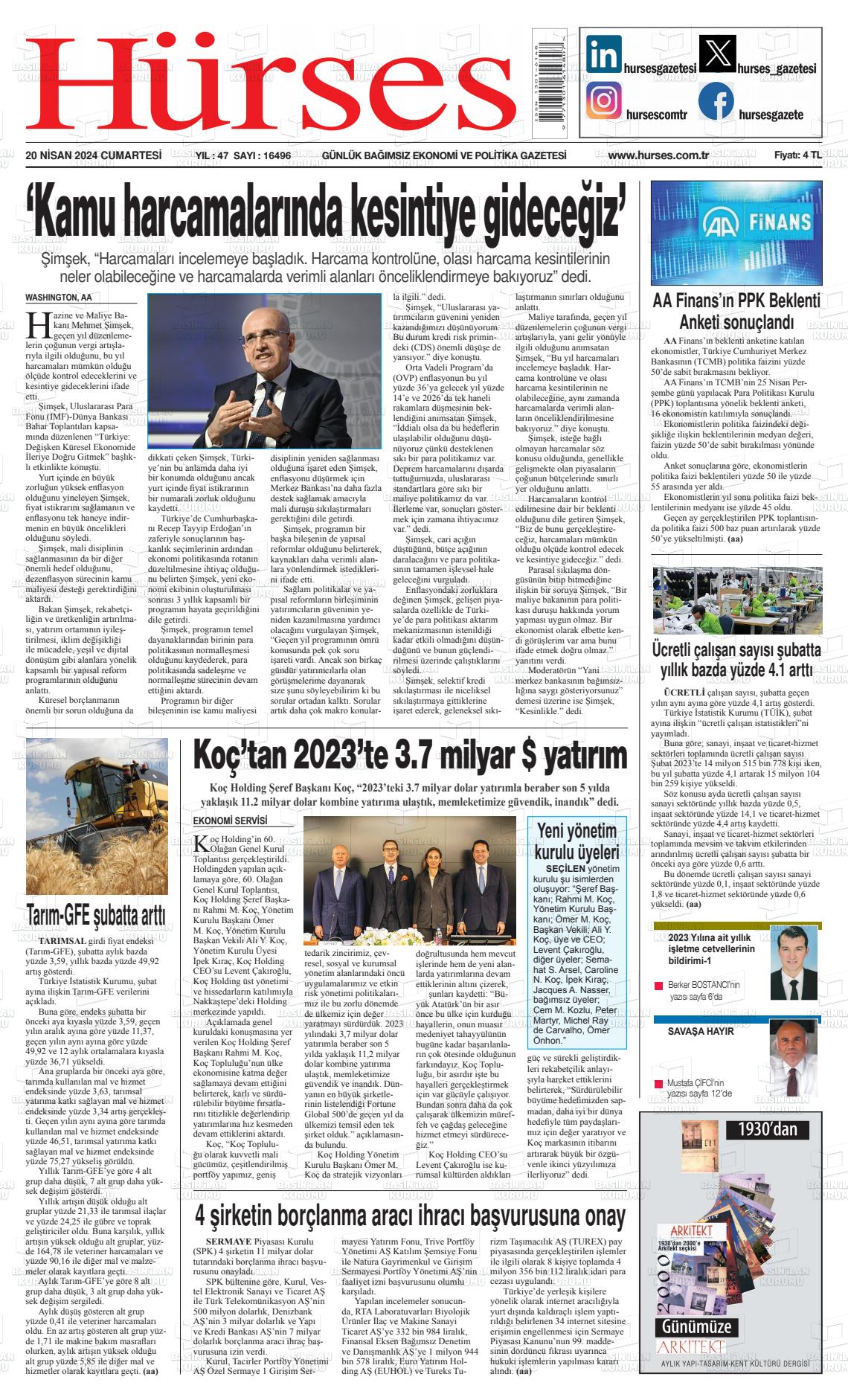 20 Nisan 2024 İstanbul Hürses gazetesi Gazete Manşeti