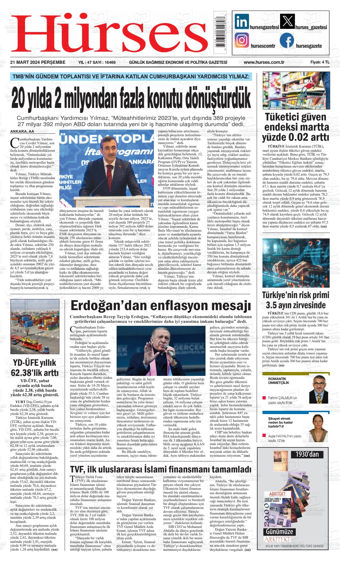 21 Mart 2024 İstanbul Hürses gazetesi Gazete Manşeti