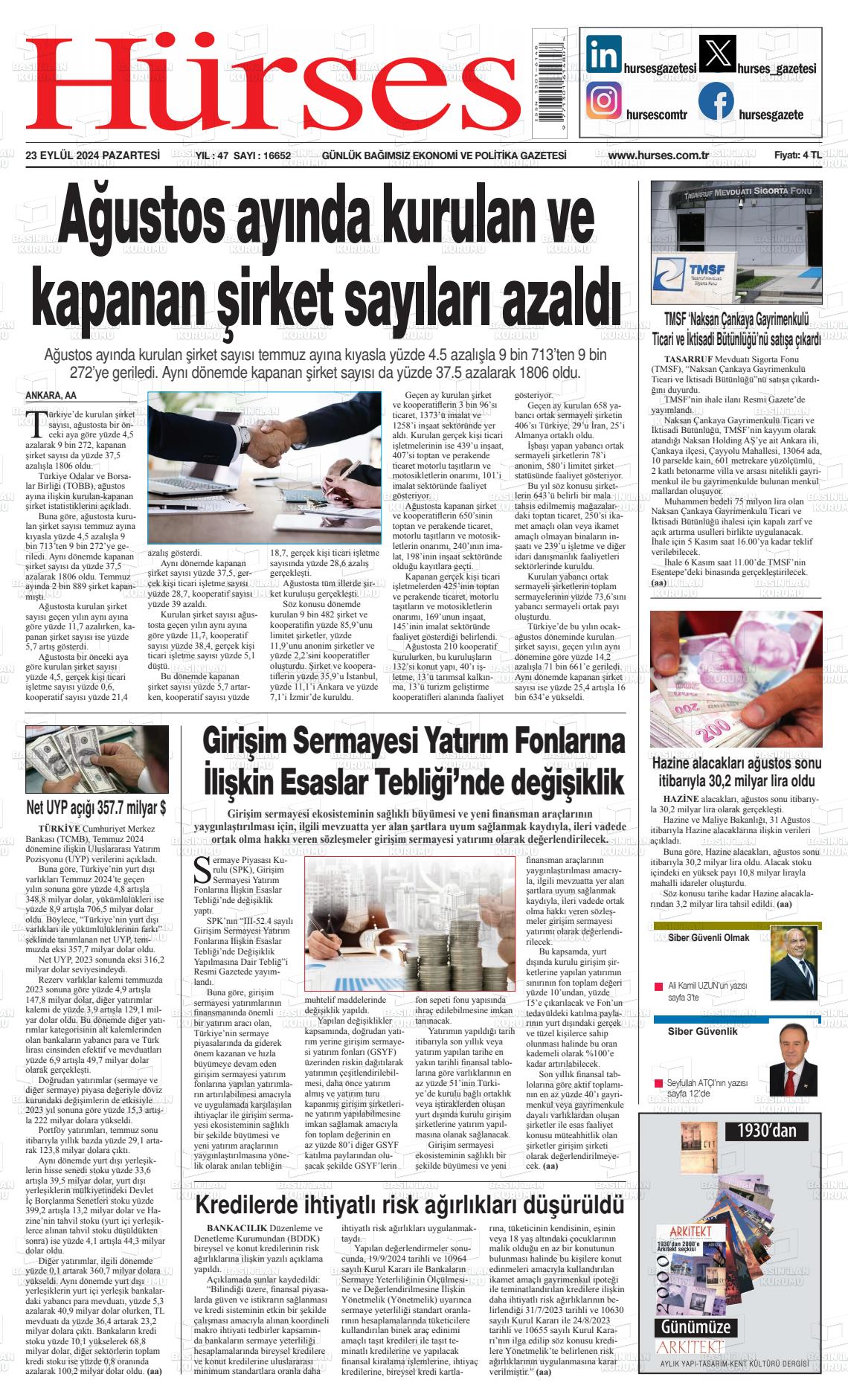 23 Eylül 2024 İstanbul Hürses gazetesi Gazete Manşeti