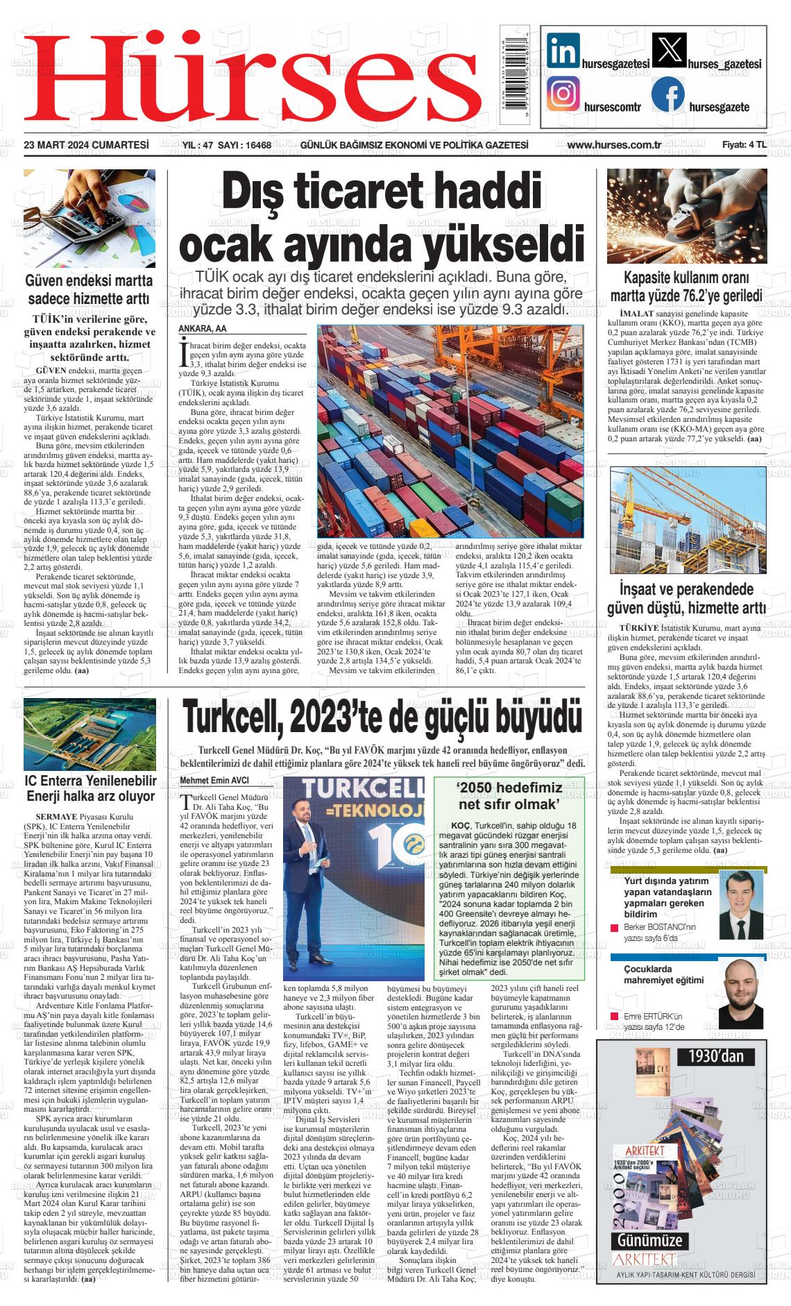 23 Mart 2024 İstanbul Hürses gazetesi Gazete Manşeti