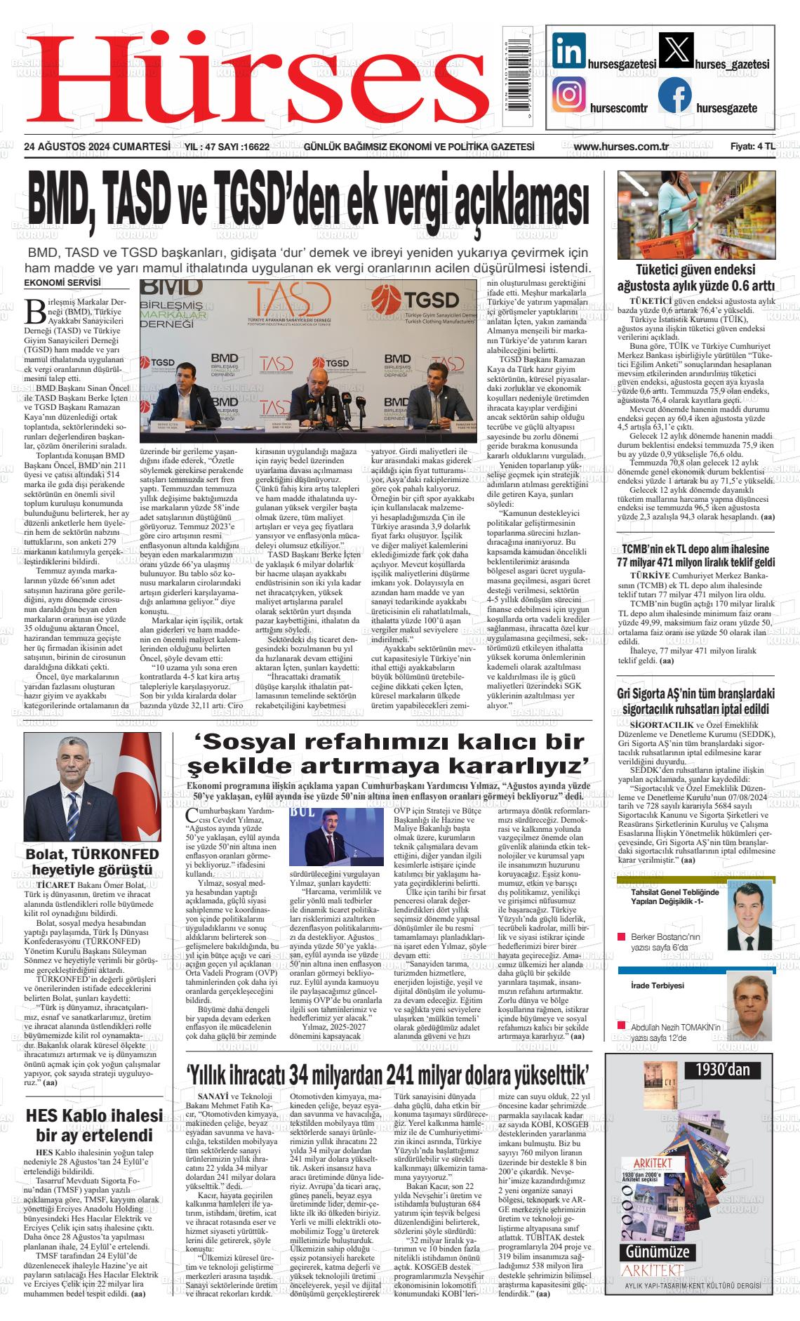 24 Ağustos 2024 İstanbul Hürses gazetesi Gazete Manşeti