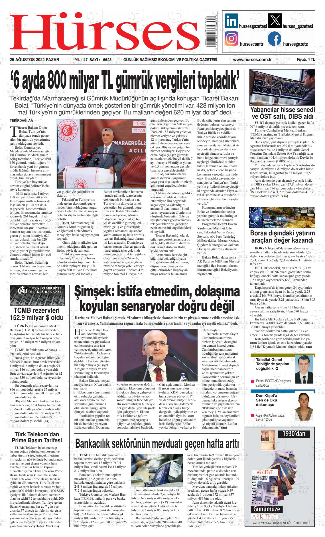 25 Ağustos 2024 İstanbul Hürses gazetesi Gazete Manşeti