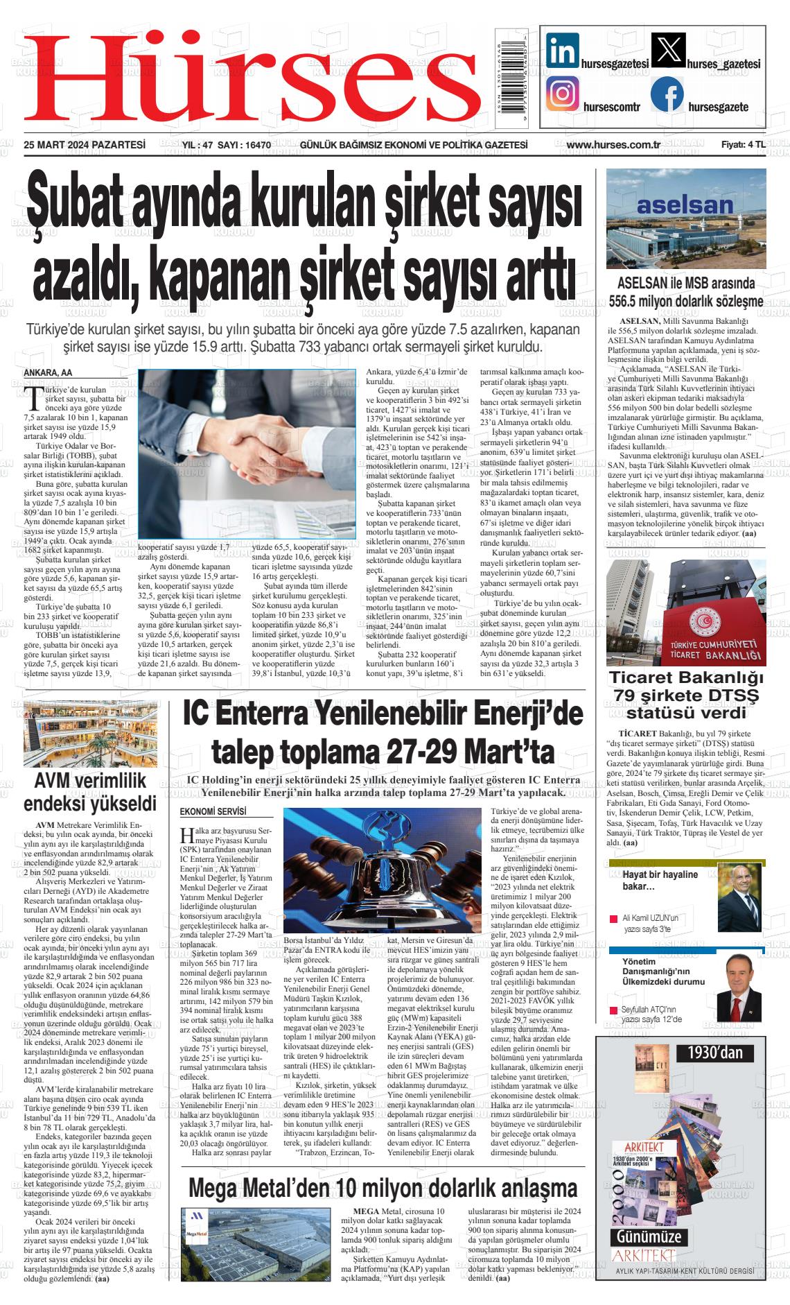 25 Mart 2024 İstanbul Hürses gazetesi Gazete Manşeti