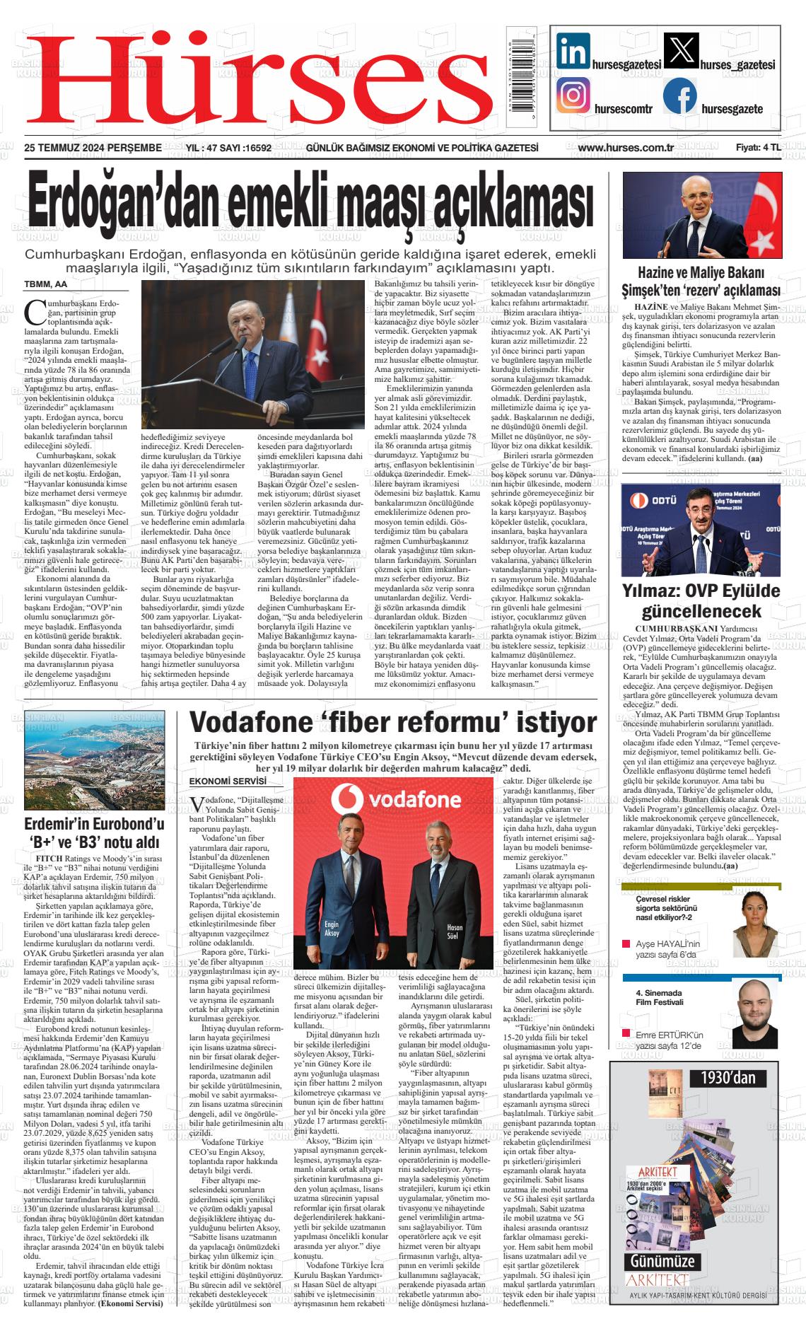 25 Temmuz 2024 İstanbul Hürses gazetesi Gazete Manşeti