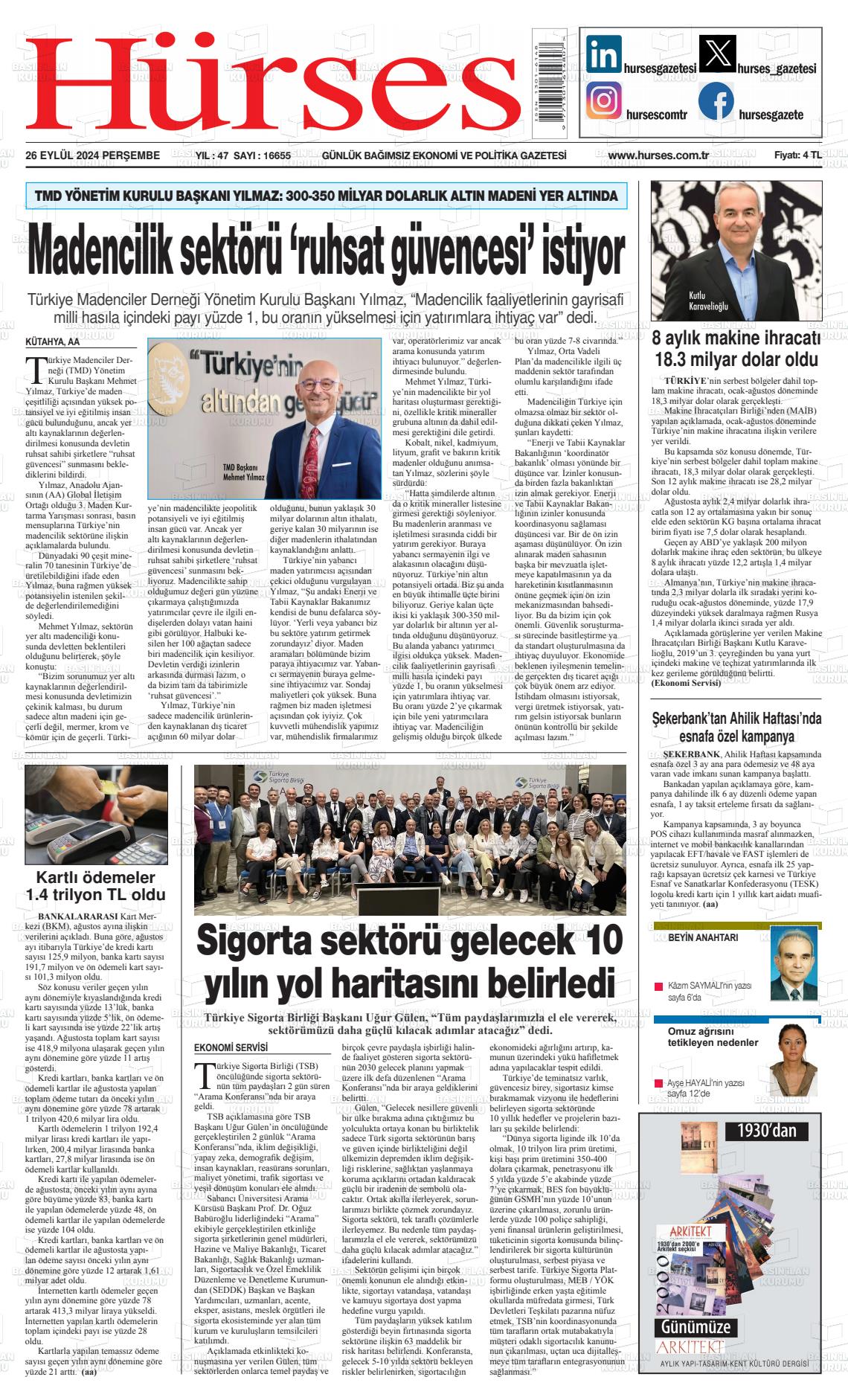 26 Eylül 2024 İstanbul Hürses gazetesi Gazete Manşeti