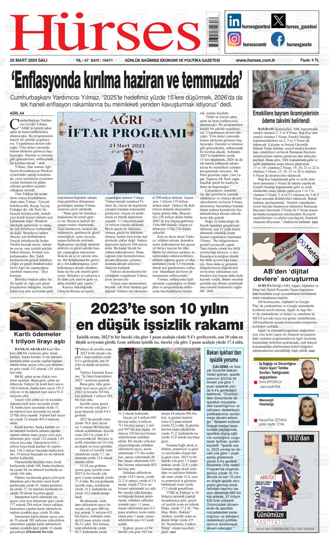 26 Mart 2024 İstanbul Hürses gazetesi Gazete Manşeti