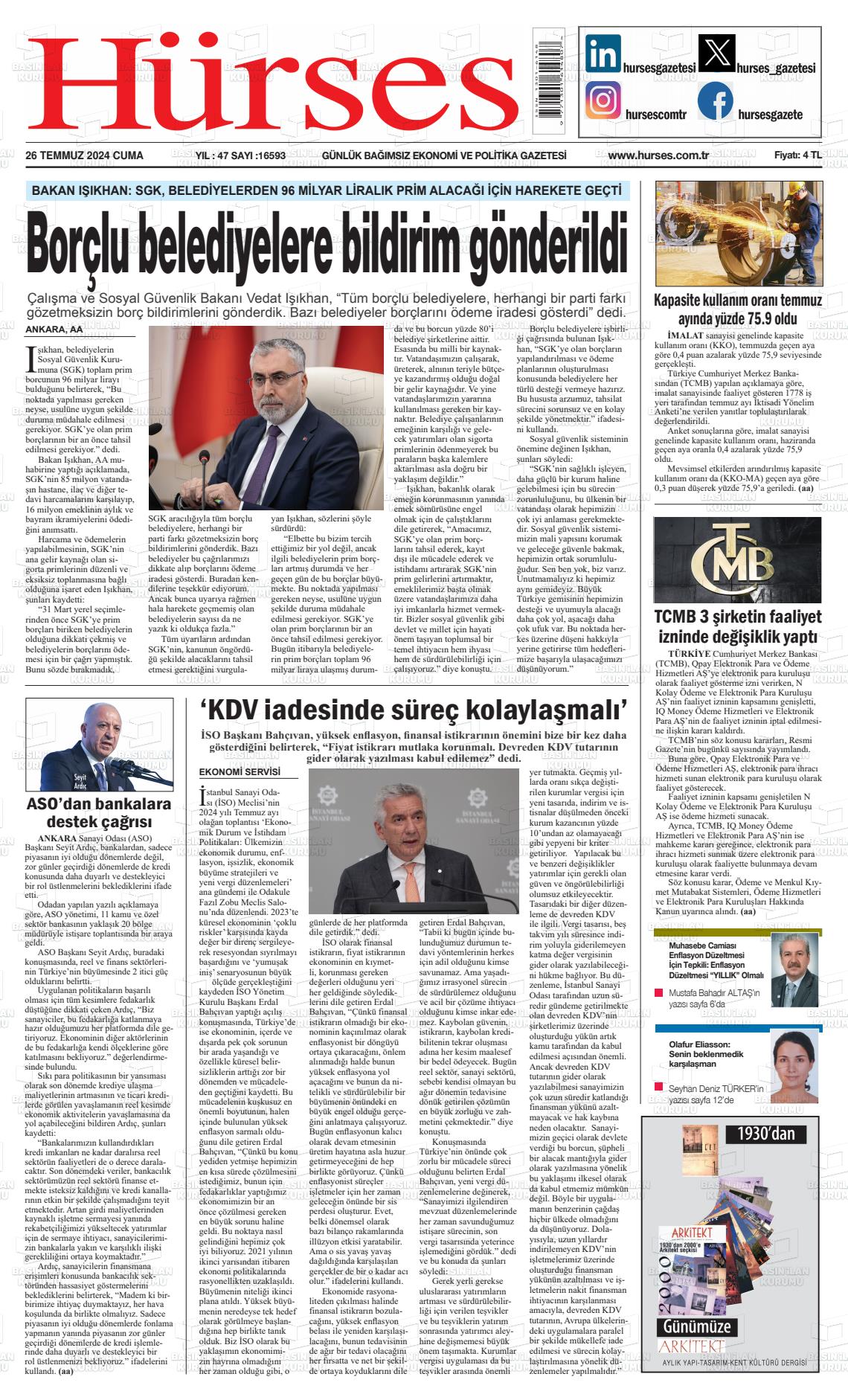 26 Temmuz 2024 İstanbul Hürses gazetesi Gazete Manşeti