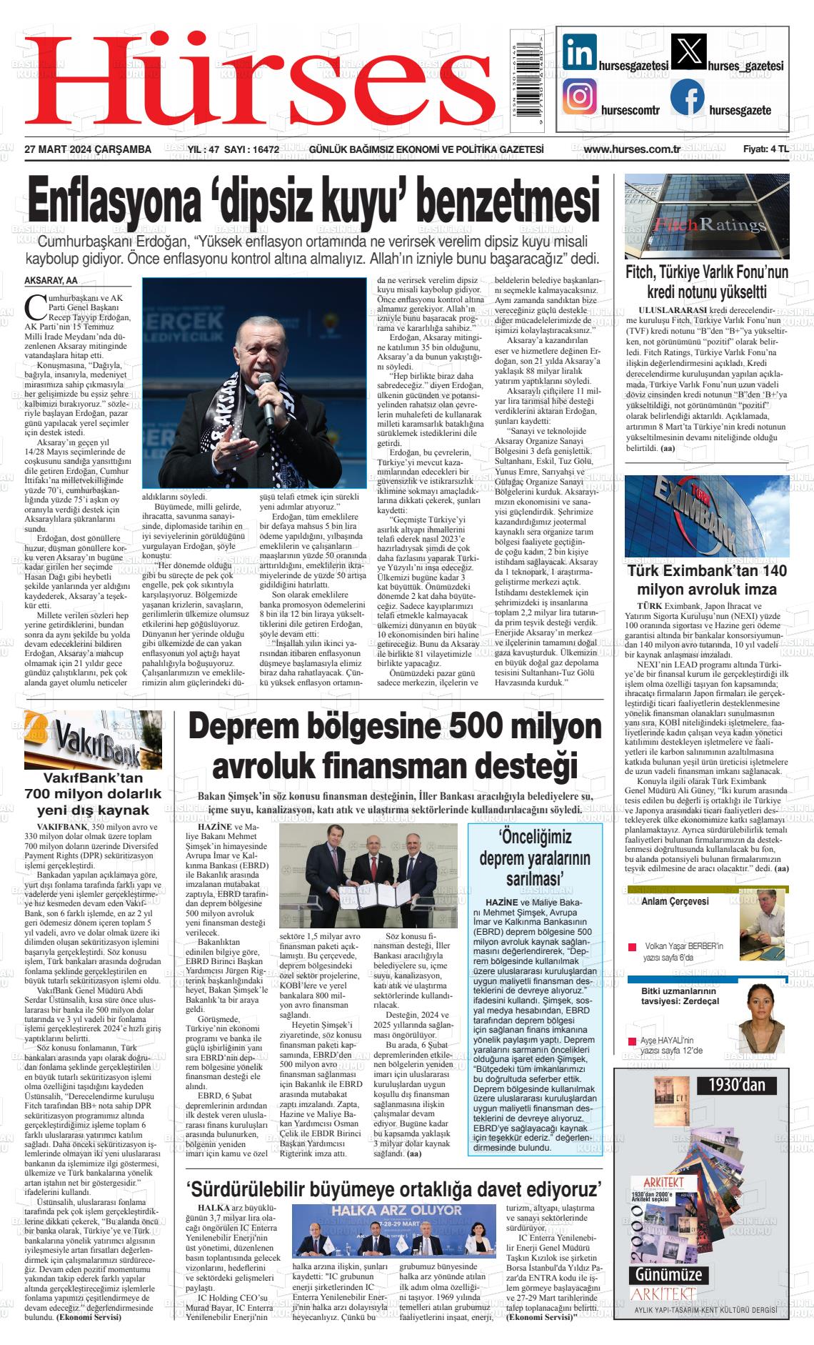 27 Mart 2024 İstanbul Hürses gazetesi Gazete Manşeti