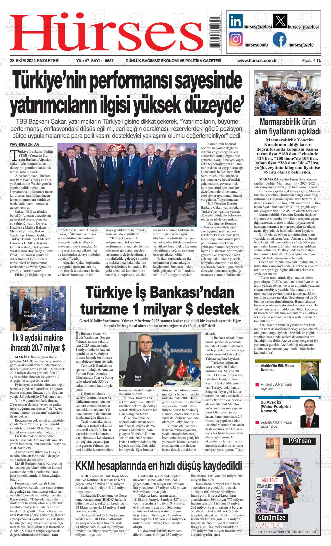 28 Ekim 2024 İstanbul Hürses gazetesi Gazete Manşeti