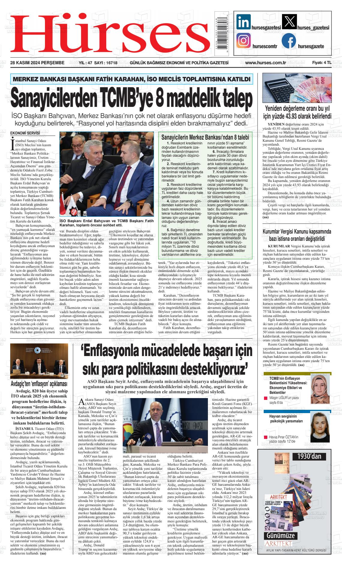 02 Aralık 2024 İstanbul Hürses gazetesi Gazete Manşeti