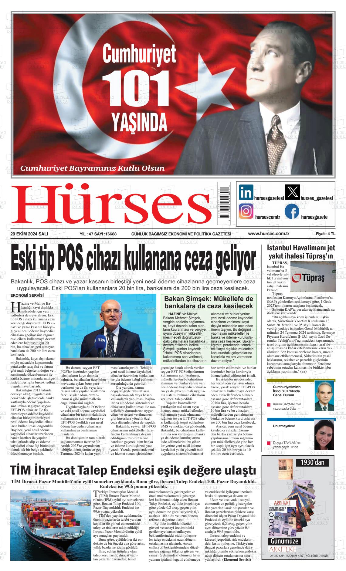 29 Ekim 2024 İstanbul Hürses gazetesi Gazete Manşeti