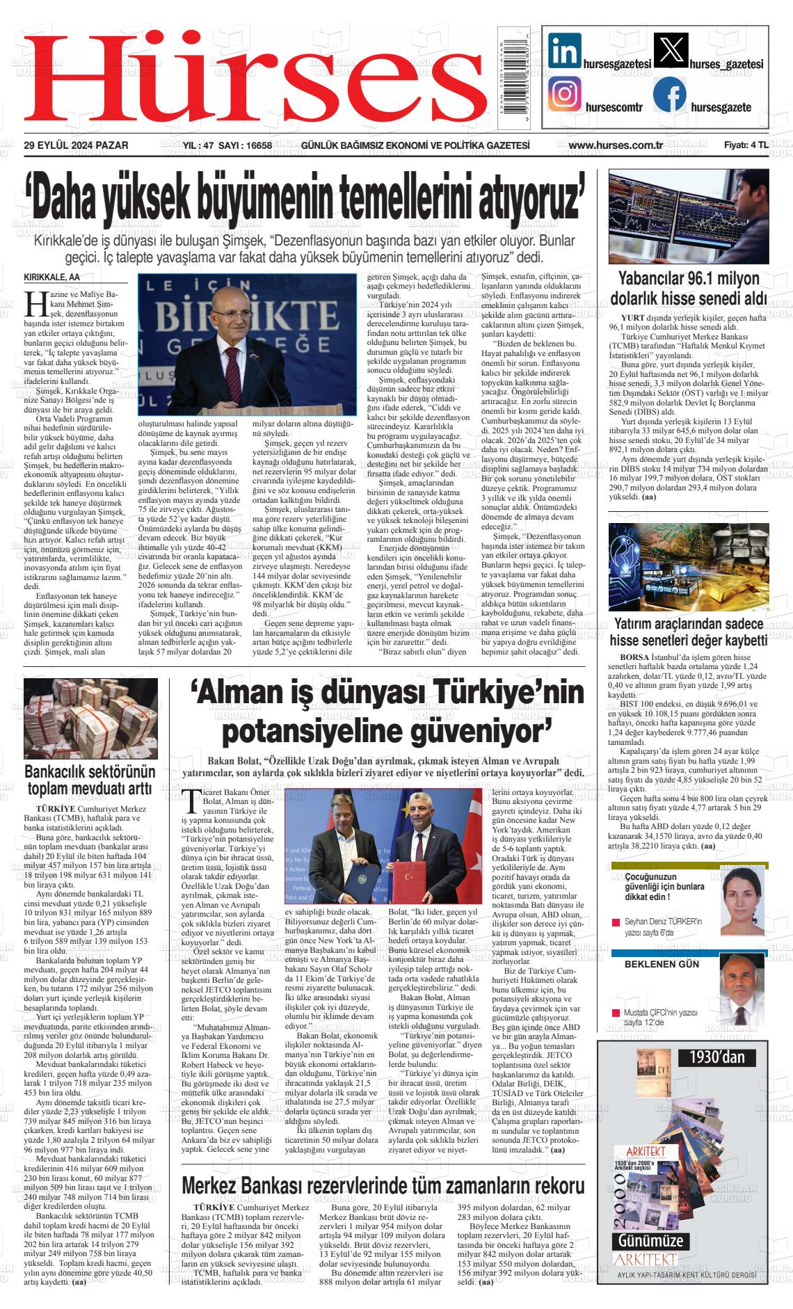 29 Eylül 2024 İstanbul Hürses gazetesi Gazete Manşeti