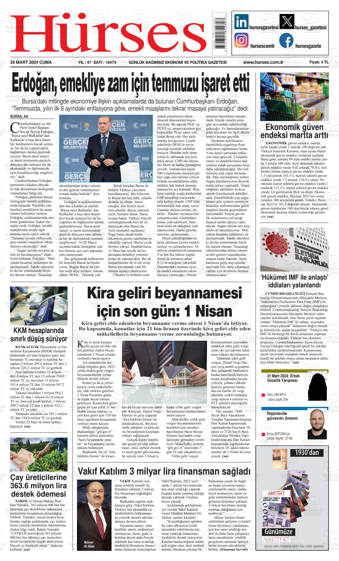 29 Mart 2024 İstanbul Hürses gazetesi Gazete Manşeti