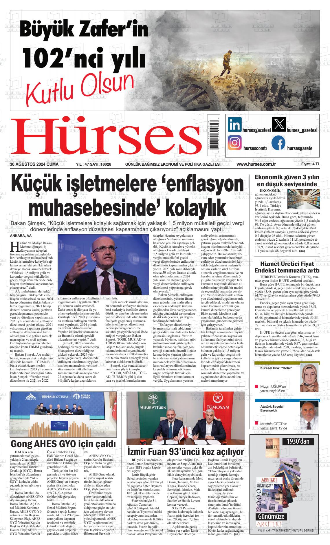 30 Ağustos 2024 İstanbul Hürses gazetesi Gazete Manşeti