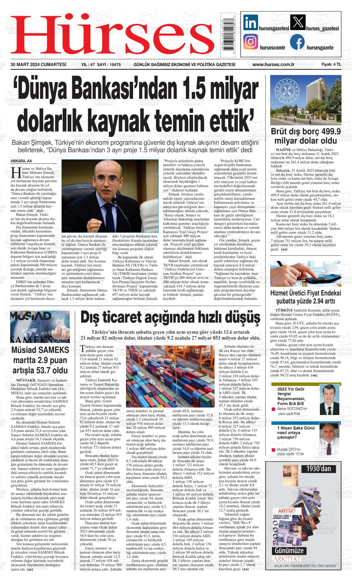 30 Mart 2024 İstanbul Hürses gazetesi Gazete Manşeti