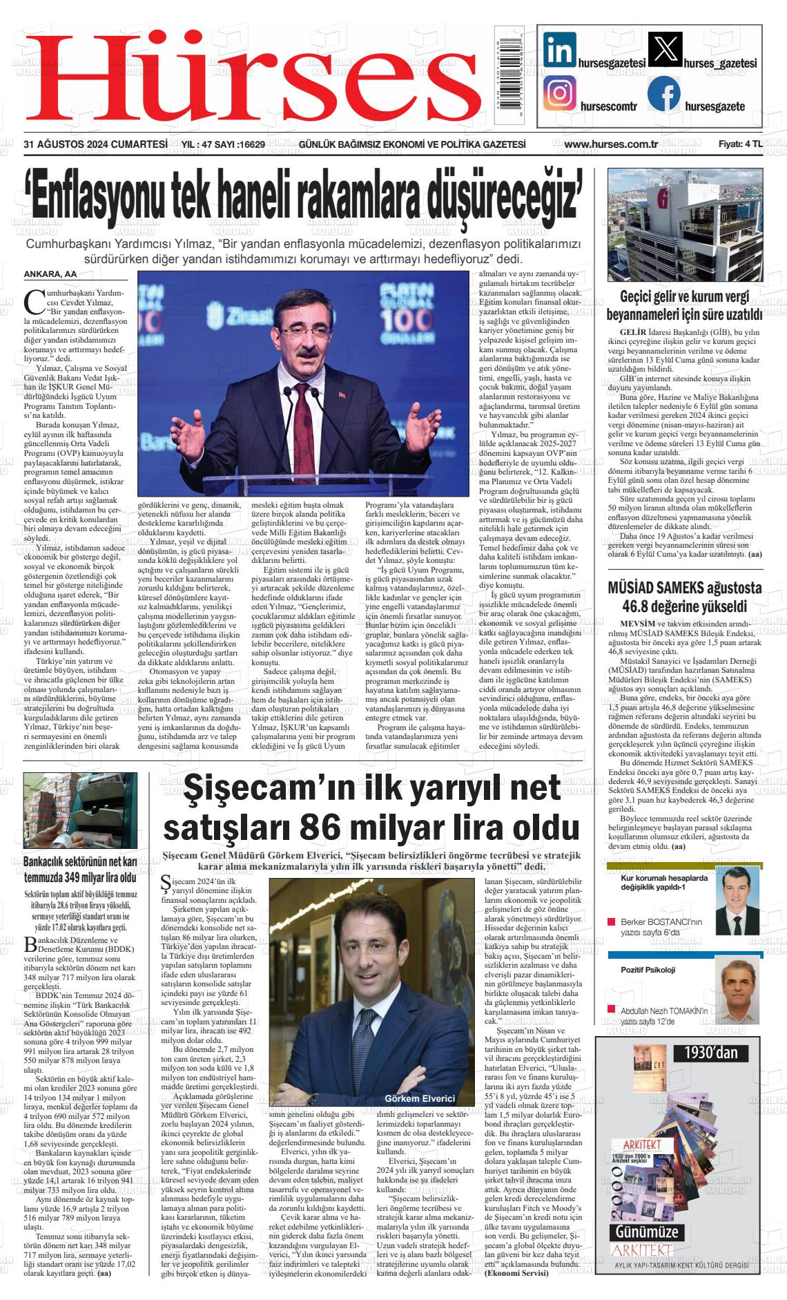 31 Ağustos 2024 İstanbul Hürses gazetesi Gazete Manşeti