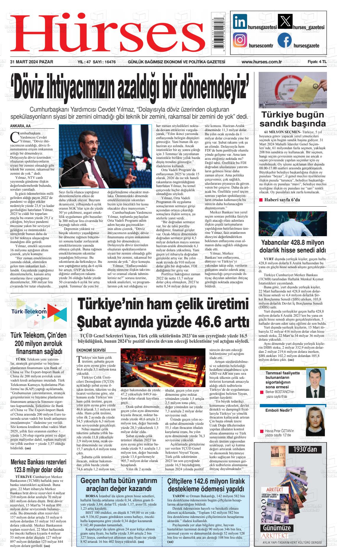 31 Mart 2024 İstanbul Hürses gazetesi Gazete Manşeti