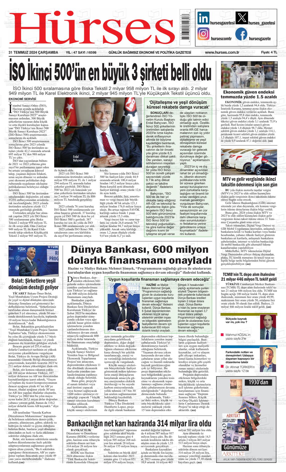 31 Temmuz 2024 İstanbul Hürses gazetesi Gazete Manşeti