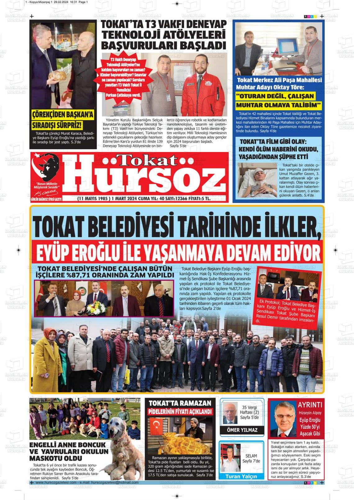 01 Mart 2024 Hürsöz Gazete Manşeti