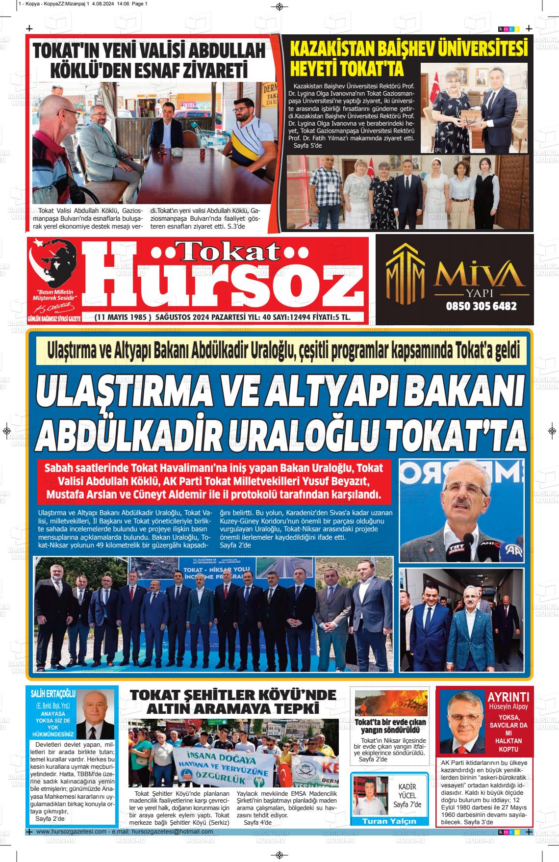 05 Ağustos 2024 Hürsöz Gazete Manşeti