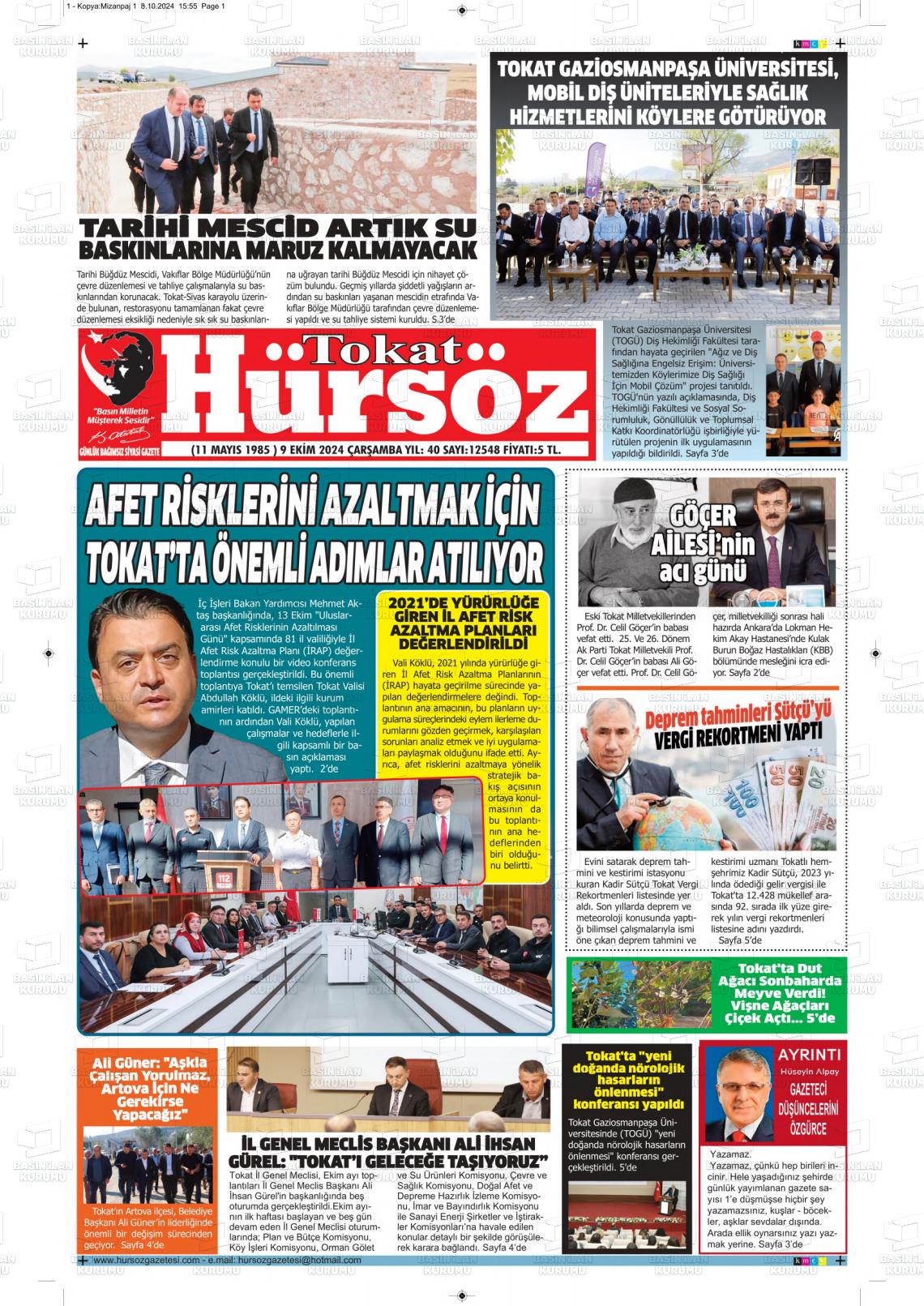 09 Ekim 2024 Hürsöz Gazete Manşeti