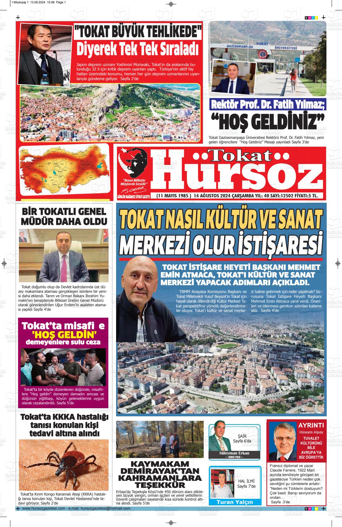 14 Ağustos 2024 Hürsöz Gazete Manşeti